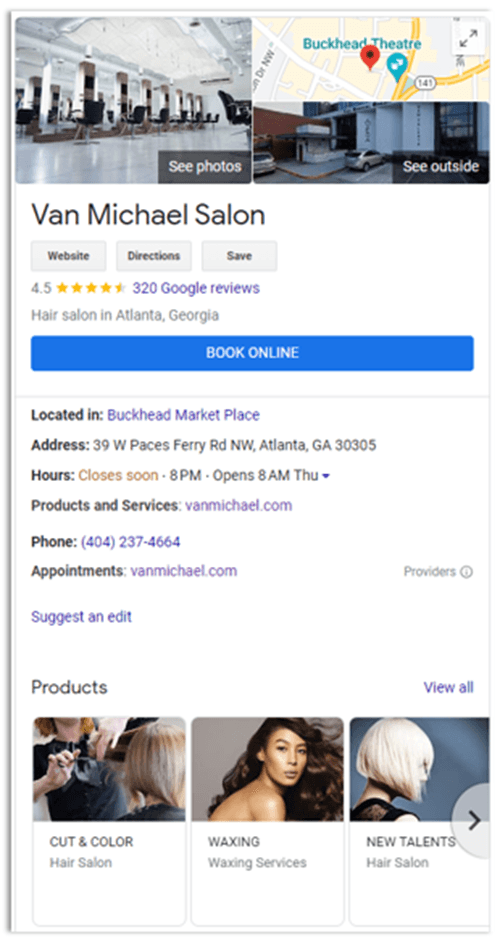 Picture of a salon's Google Business Profile with products and services listed
