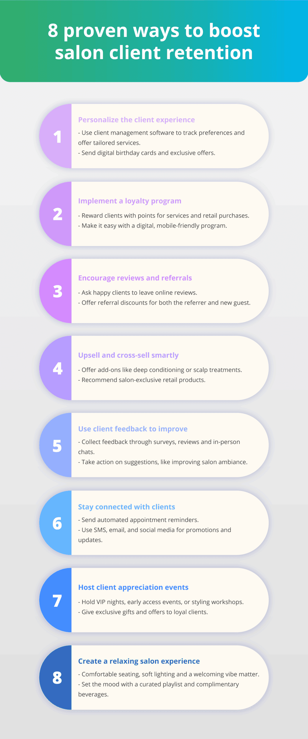 An infographic showing 8 proven ways to boost salon client retention