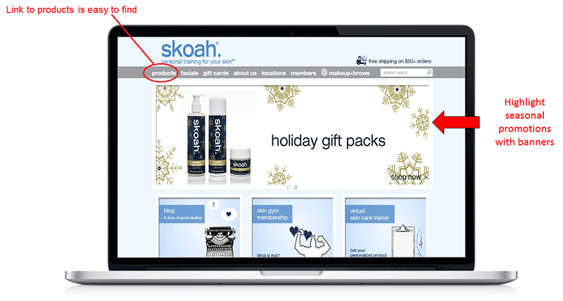 Skoah homepage with callouts