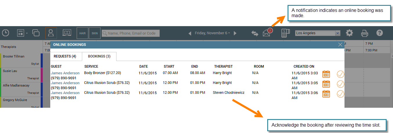 Review online bookings in the appointment book