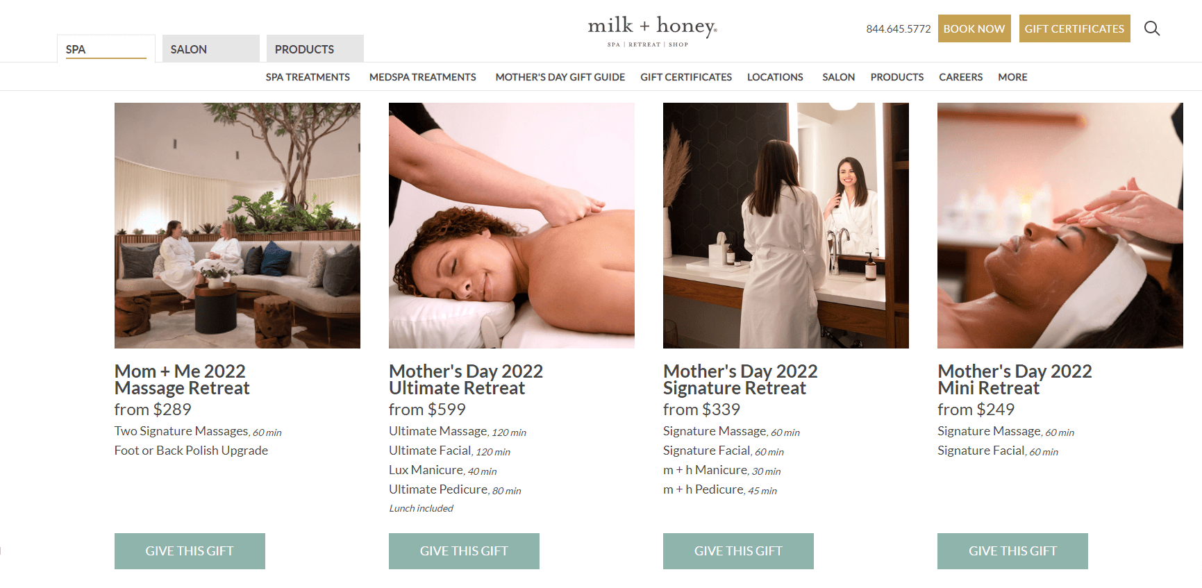 Website screenshot of the milk+honey Mother’s Day page