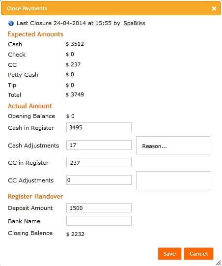 Payment closing screen