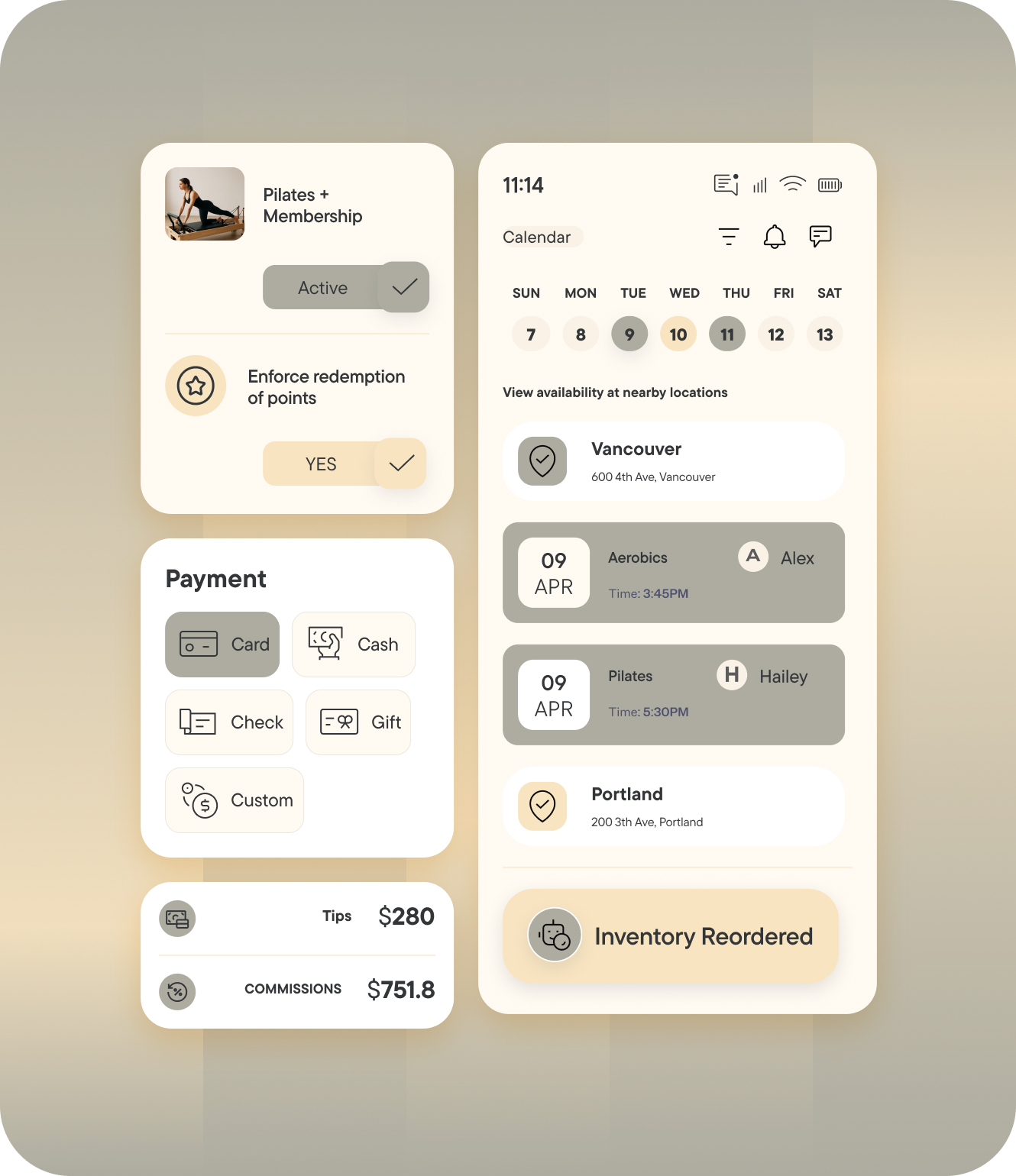 Mobile app dashboard for gym management software showing membership status, calendar availability, payment options, commission earnings, and inventory notifications—all in a neutral beige color scheme.
