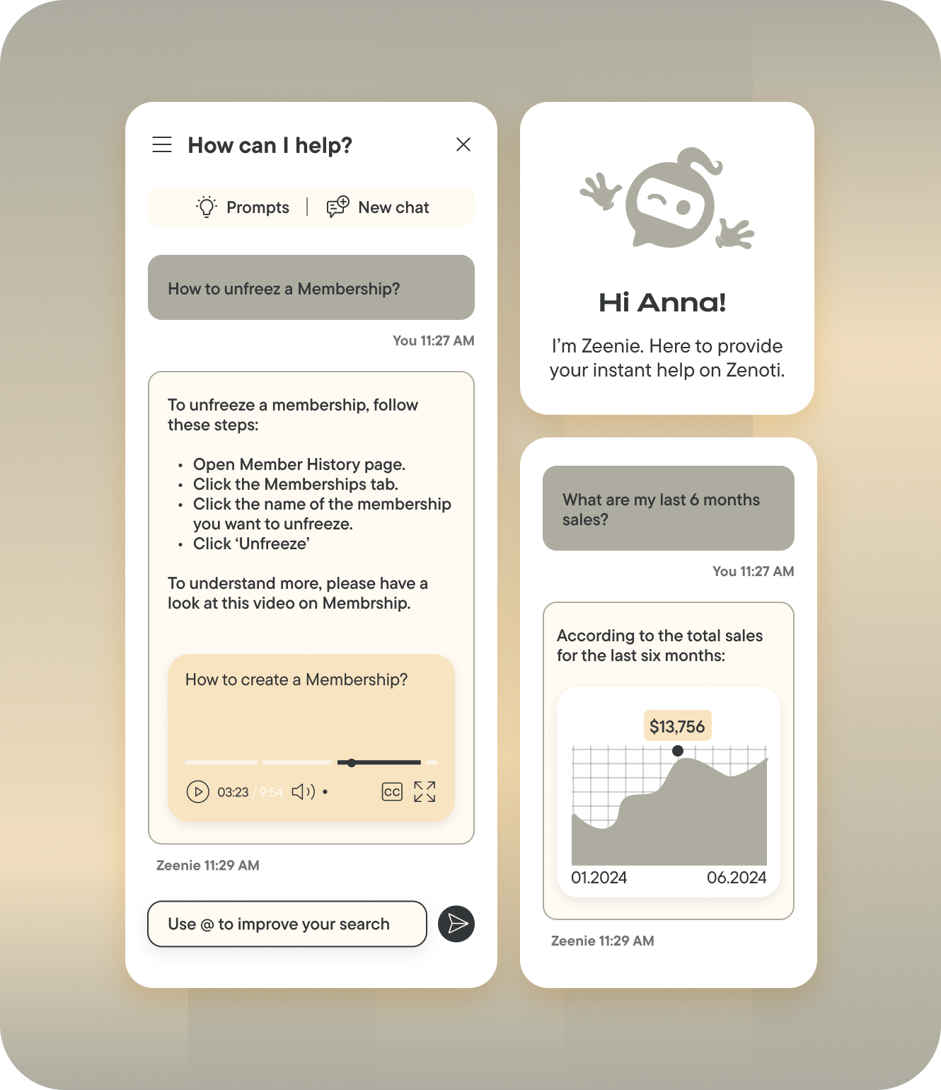 A chatbot named Zeenie assists with unfreezing a membership and provides sales data and instructions on a mobile app interface, powered by advanced fitness software.