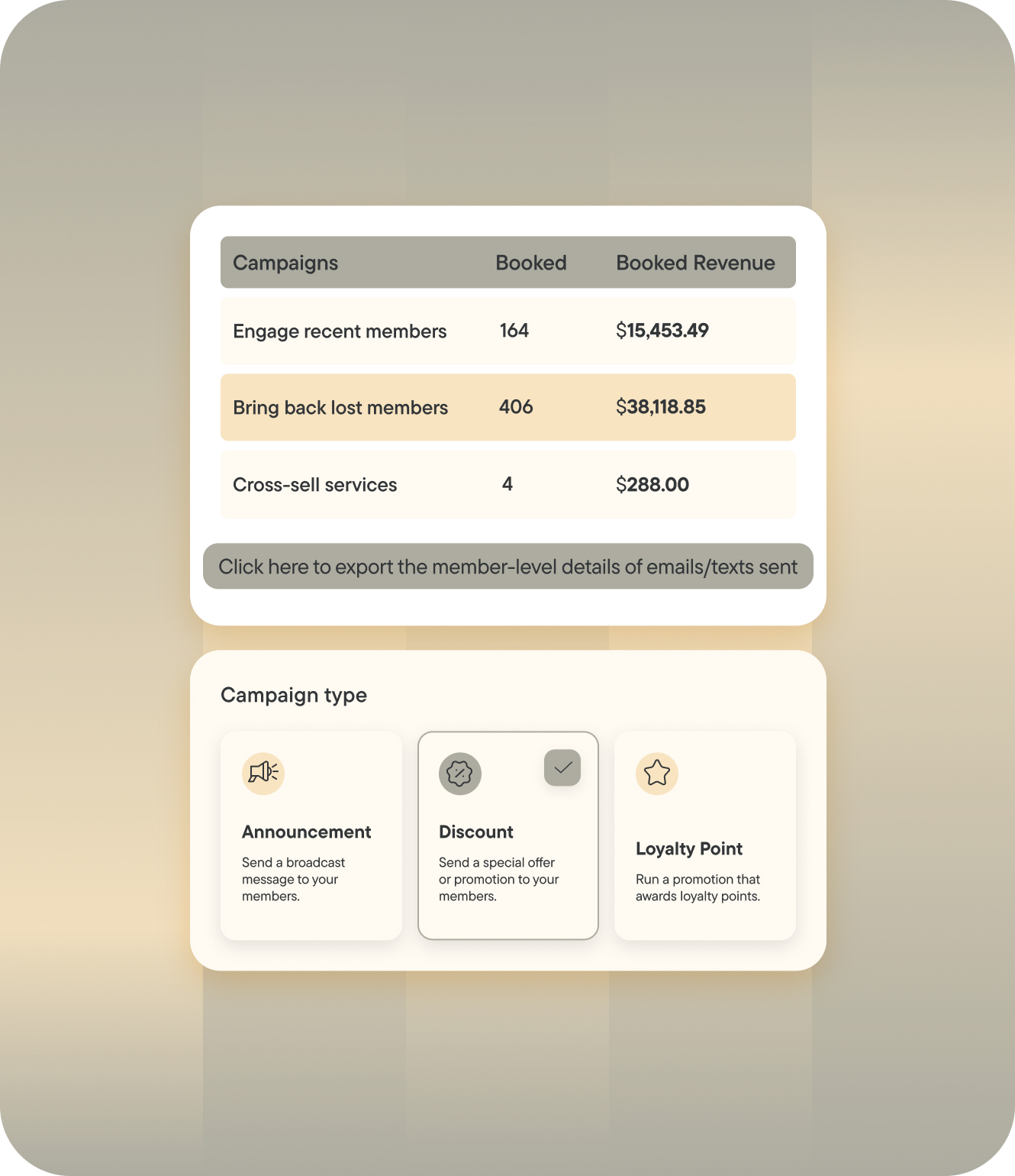 A fitness software dashboard displays campaign data, including booked members, booked revenue, and campaign types such as Announcement, Discount, and Loyalty Point.