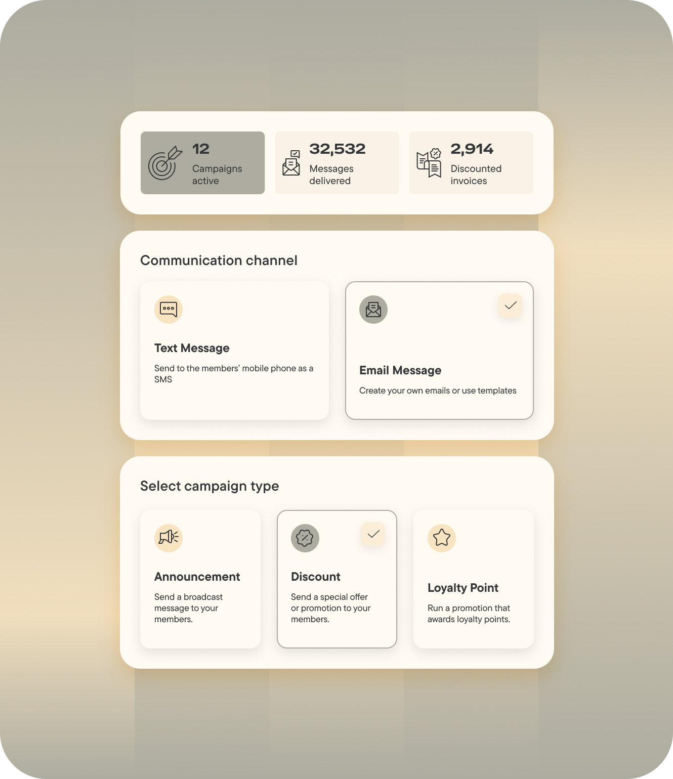 Dashboard displaying campaign stats, communication channel options (text and email), and campaign types—Announcement, Discount, and Loyalty Point—all tailored for your fitness software needs.