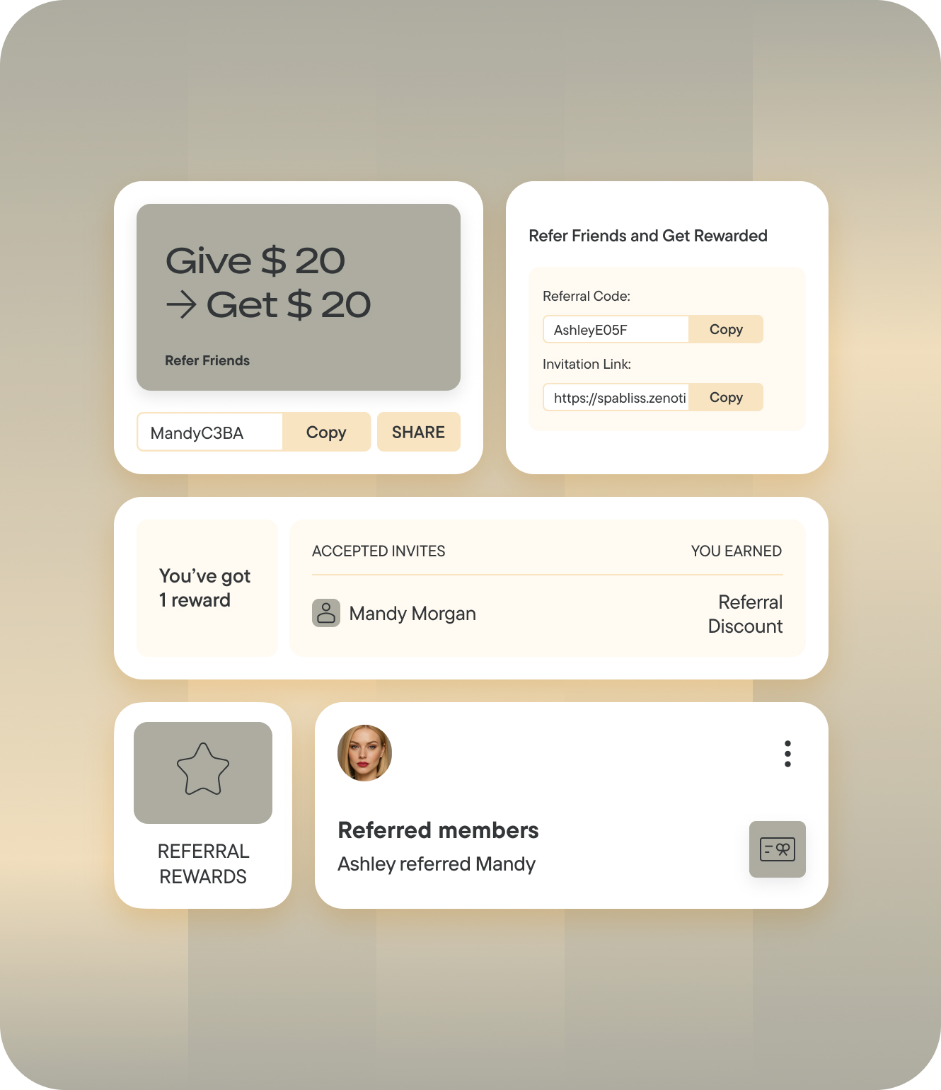 Referral program dashboard within the fitness software displays a $20 reward offer, referral code and link, invited friend's name, earned referral discount, and referred members list with user profile image.