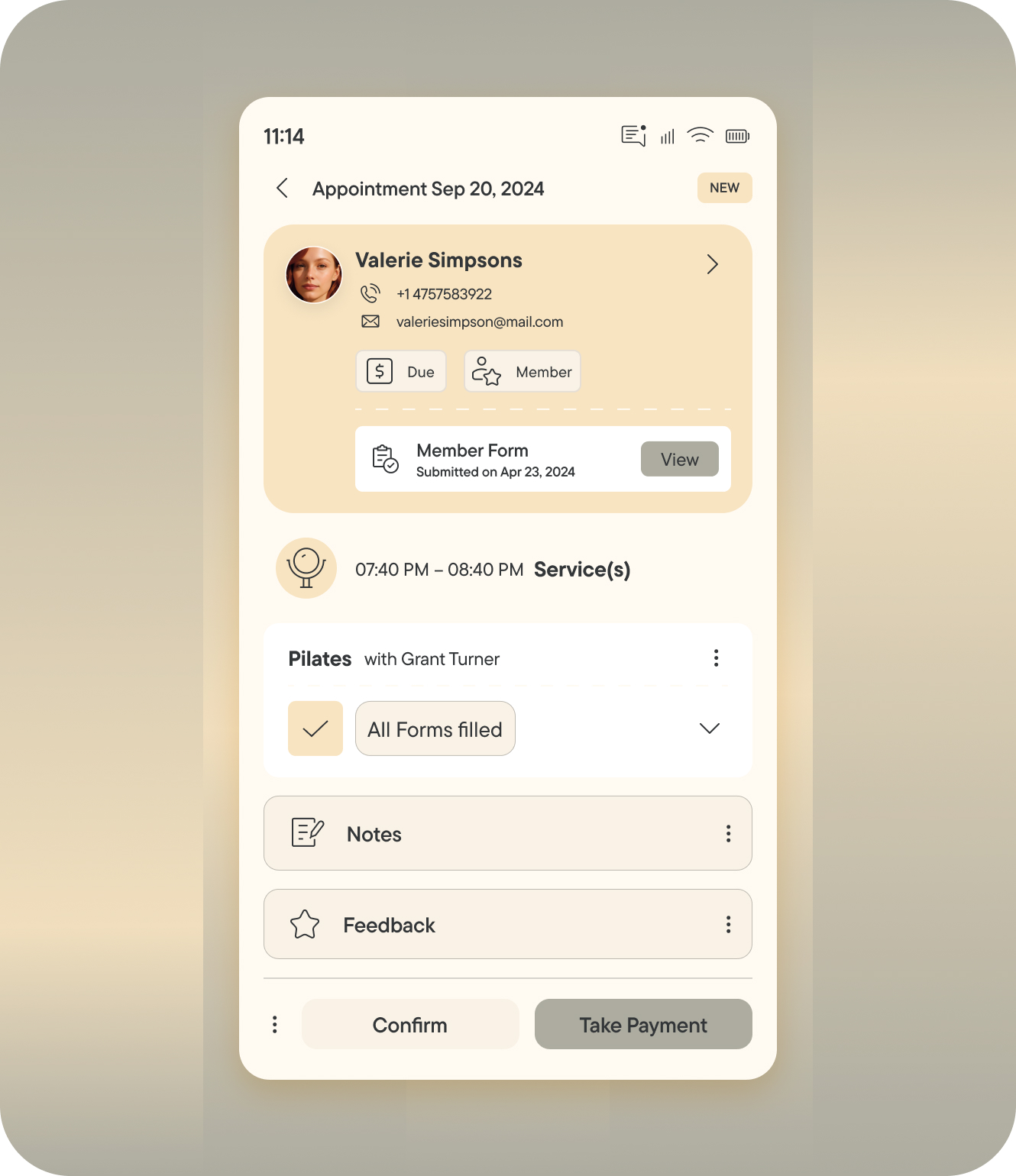 Mobile app screen showing an appointment summary for Valerie Simpsons, with service details, contact info, form status, notes, and feedback—ideal for managing sessions effortlessly using fitness software. Options to confirm or take payment are included.