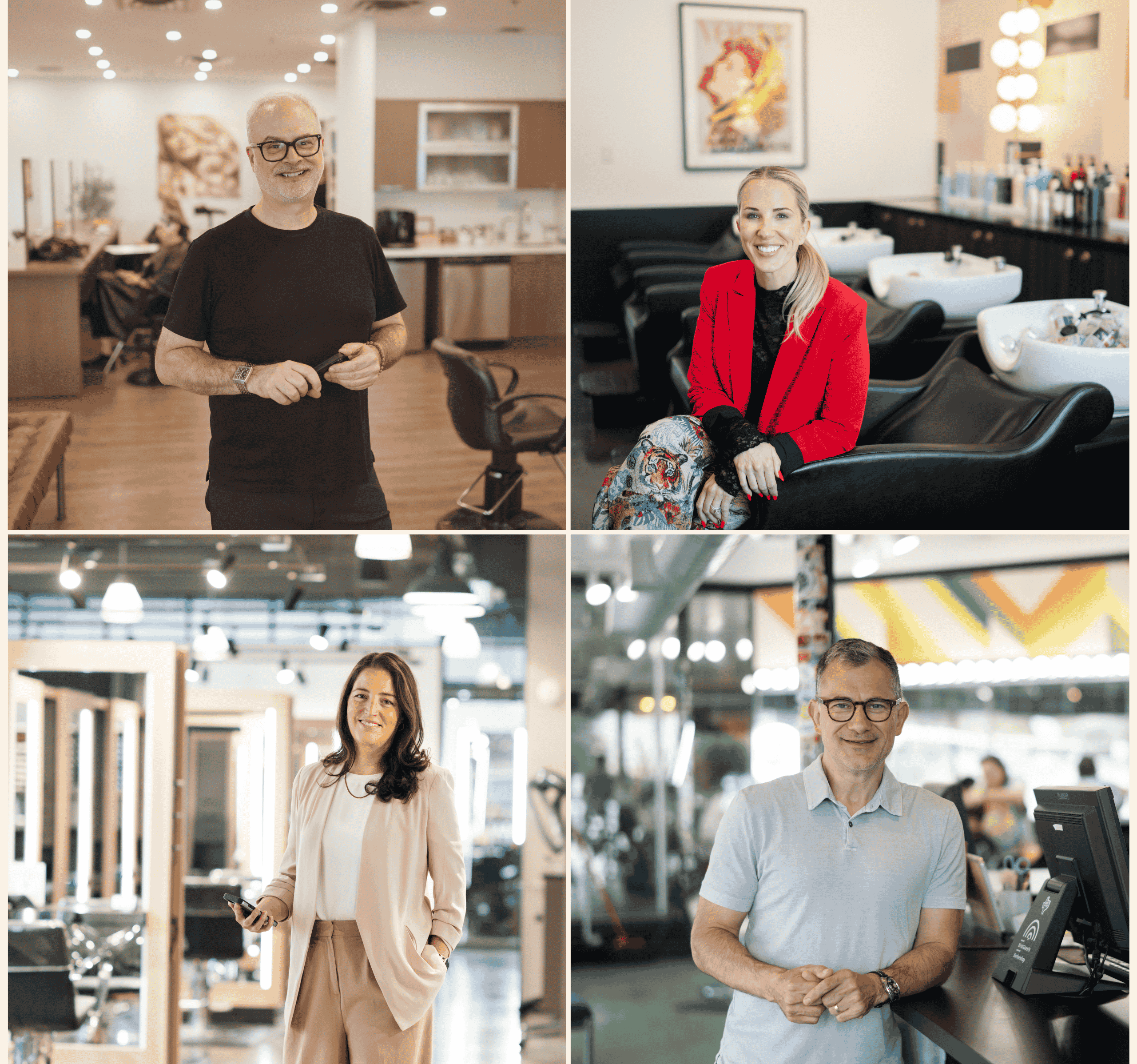 A collage of four adults, each posing and smiling inside modern, well-lit hair salons.