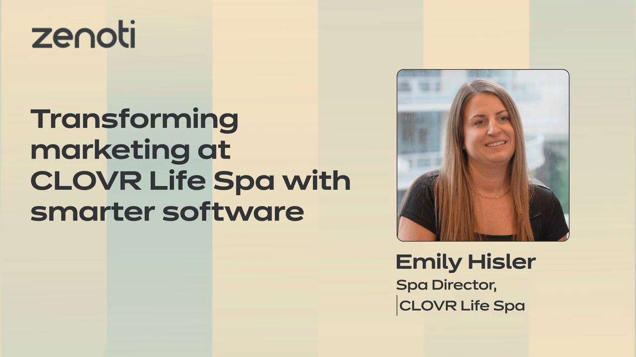 Diapositiva con el texto «Transformando el marketing en CLOVR Life Spa con un software más inteligente» y una foto de Emily Hisler, directora del spa CLOVR Life Spa.