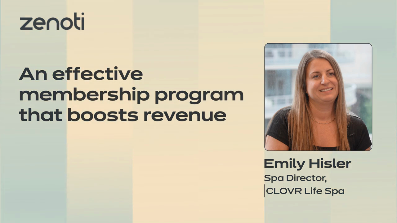 Diapositiva de presentación con el título «Programa de membresía eficaz que aumenta los ingresos», con una foto de Emily Hisler, directora del spa CLOVR Life Spa.