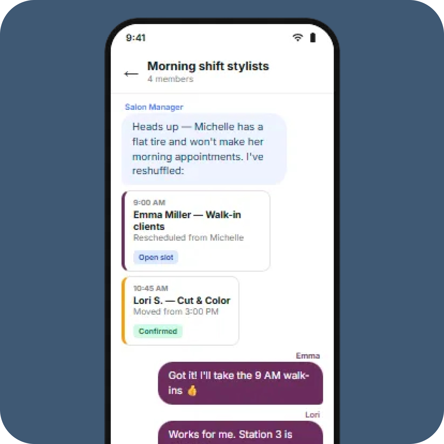 A phone screen displays a group chat about a morning shift stylist schedule change, featuring smart appointment scheduling with updated slots and team member messages confirming availability.