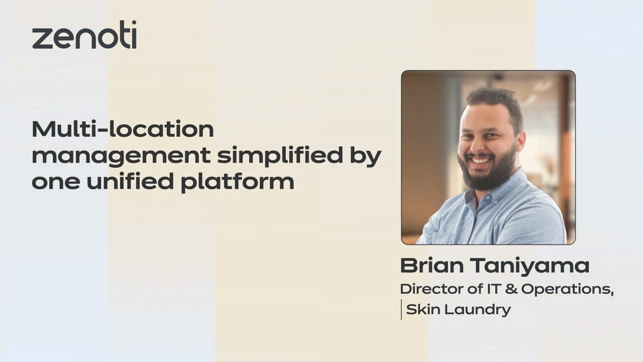 Imagen promocional de Zenoti con texto sobre la gestión de múltiples ubicaciones y una foto de Brian Tanjiama, director de TI y operaciones de Skin Laundry.